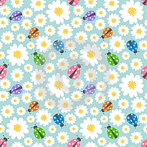 Seamless pattern flowers and ladybugs