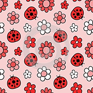 seamless pattern with flowers and ladybugs. doodle drawing. spring time. vector illustration