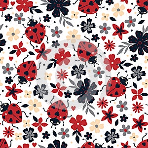 Seamless pattern with flowers and ladybugs. Vector graphics