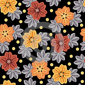 Seamless pattern with flowers and leaves on black background