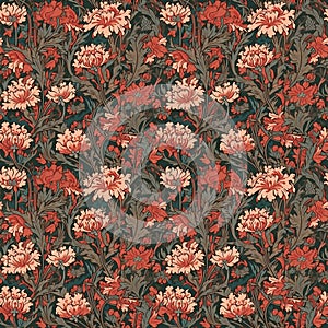 Seamless pattern of flowers and leaves, chrysanthemums and peonies. Japanese style pattern. AI