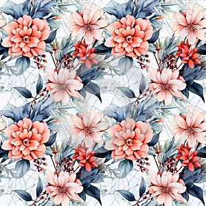 Seamless pattern of flowers and leaves, chrysanthemums and peonies. Japanese style pattern. AI