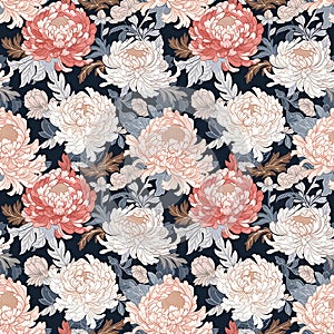 Seamless pattern of flowers and leaves, chrysanthemums and peonies. Japanese style pattern. AI