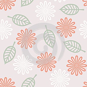 Seamless pattern with flowers and leaves on a gray background. Vector