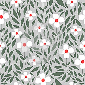 Seamless pattern with flowers and leaves. Hand drawn floral pattern for your fabric, summer background, wallpaper, backdrop,