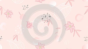 Seamless pattern, flowers, leaves and hand drawn graphics on light pink background, soft pink