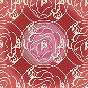 Seamless pattern flowers and leaves of roses and camellias white lines on the background in shades of pink and purple