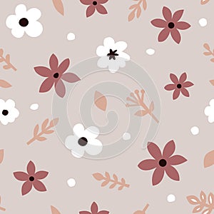 Seamless pattern with flowers and leaves. Scandinavian style vector background. Cartoon illustration