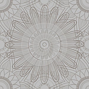 Seamless pattern with flowers and mandalas on gray background. Vector illustration for printing on any surface