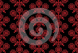 Seamless pattern flowers Ornament of Russian folk embroidery, red on black background. Can be used for fabrics, wallpapers,