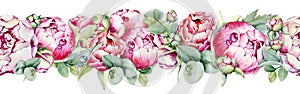 Seamless pattern with flowers peonies, roses, eucalyptus leaves, dew drops. Handmade watercolor illustration. Design for wedding