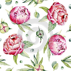 Seamless pattern with flowers peonies, roses, eucalyptus leaves, dew drops. Handmade watercolor illustration. Design for wedding