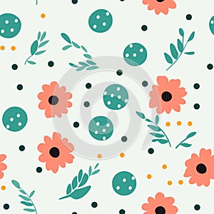 Seamless pattern with flowers and polka dot. Vector illustration. Generative AI