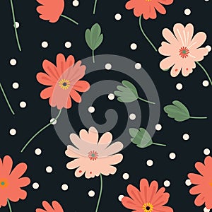 Seamless pattern with flowers and polka dots. Vector illustration. Generative AI
