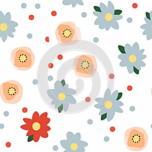 Seamless pattern with flowers and polka dots. Vector illustration. Generative AI