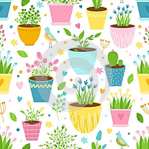 Seamless pattern with flowers in pots