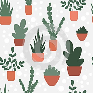 Seamless pattern with flowers in pots. Vector Hand drawn background for design and card, covers, package, wrapping paper