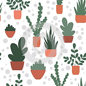 Seamless pattern with flowers in pots. Vector Hand drawn background for design and card, covers, package, wrapping paper