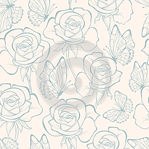 Seamless pattern with flowers roses and butterfly . Floral ornament. Hand-drawn contour lines and strokes. Retro background.