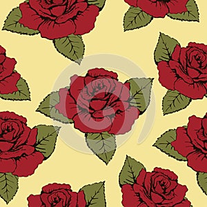 Seamless pattern of flowers roses, texture. Red buds, petals, green leaves on a yellow background. Wallpaper, paper, wrapper, pack