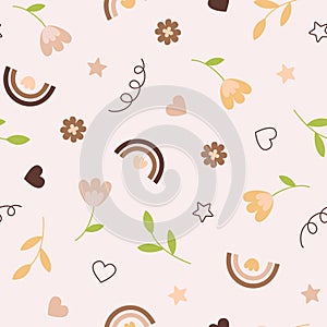 Seamless pattern with flowers, stars, leaves and hearts. Abstract girlish doodle, background. Vector art