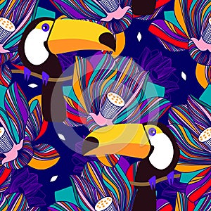Seamless pattern with flowers, toco toucan birds. Summer tropical floral vector. Exotic paradise nature. Bright design