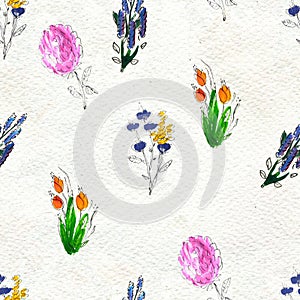 Seamless pattern with flowers. Watercolor or acrylic painting. Hand drawn floral background.