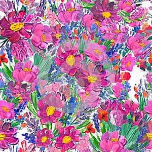 Seamless pattern with flowers. Watercolor or acrylic painting. Hand drawn floral background.