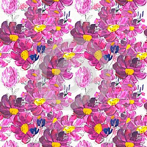 Seamless pattern with flowers. Watercolor or acrylic painting. Hand drawn floral background.