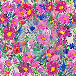 Seamless pattern with flowers. Watercolor or acrylic painting. Hand drawn floral background.