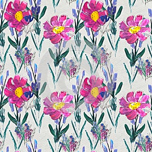 Seamless pattern with flowers. Watercolor or acrylic painting. Hand drawn floral background.