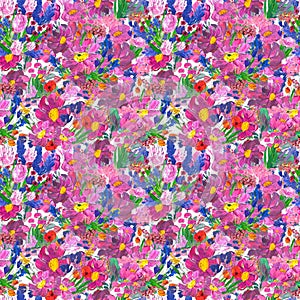 Seamless pattern with flowers. Watercolor or acrylic painting. Hand drawn floral background.