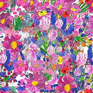 Seamless pattern with flowers. Watercolor or acrylic painting. Hand drawn floral background.