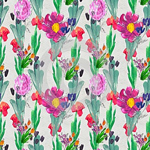 Seamless pattern with flowers. Watercolor or acrylic painting. Hand drawn floral background.