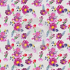 Seamless pattern with flowers. Watercolor or acrylic painting. Hand drawn floral background.