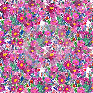 Seamless pattern with flowers. Watercolor or acrylic painting. Hand drawn floral background.