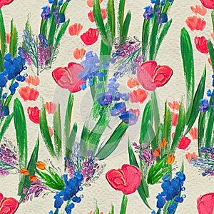 Seamless pattern with flowers. Watercolor or acrylic painting. Hand drawn floral background.