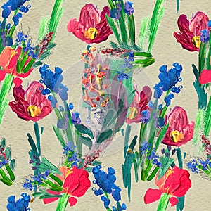 Seamless pattern with flowers. Watercolor or acrylic painting. Hand drawn floral background.