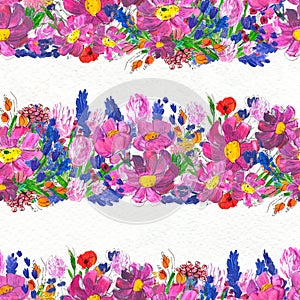 Seamless pattern with flowers. Watercolor or acrylic painting. Hand drawn floral background.