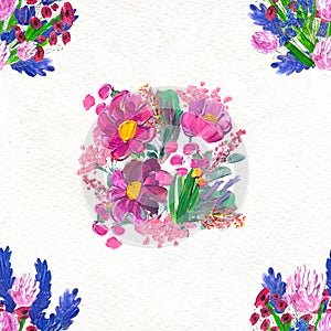 Seamless pattern with flowers. Watercolor or acrylic painting. Hand drawn floral background.