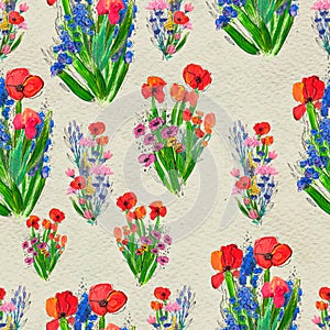 Seamless pattern with flowers. Watercolor or acrylic painting. Hand drawn floral background.