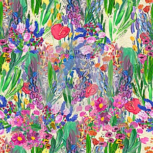 Seamless pattern with flowers. Watercolor or acrylic painting. Hand drawn floral background.