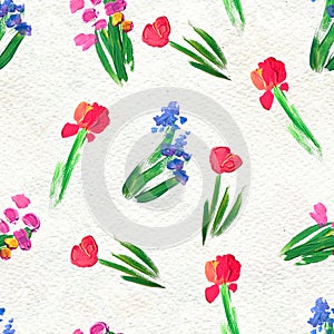 Seamless pattern with flowers. Watercolor or acrylic painting. Hand drawn floral background.