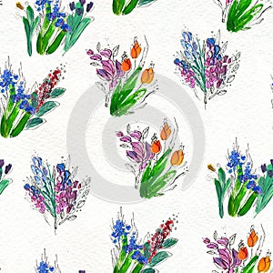 Seamless pattern with flowers. Watercolor or acrylic painting. Hand drawn floral background.