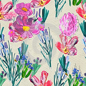 Seamless pattern with flowers. Watercolor or acrylic painting. Hand drawn floral background.