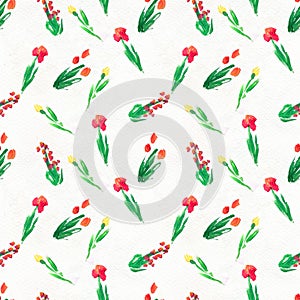 Seamless pattern with flowers. Watercolor or acrylic painting. Hand drawn floral background.