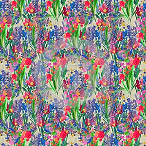 Seamless pattern with flowers. Watercolor or acrylic painting. Hand drawn floral background.