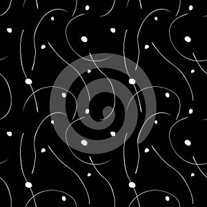 Seamless pattern with flowing wavy lines and dots. Abstract wallpaper with minimalistic desing