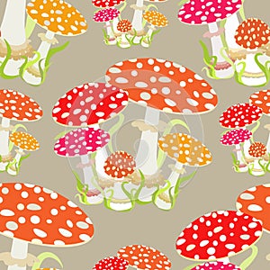 Seamless pattern with fly agaric, Amanita muscaria. vector illus