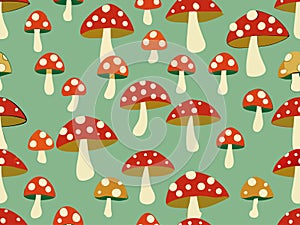 Seamless pattern with fly agaric mushrooms.